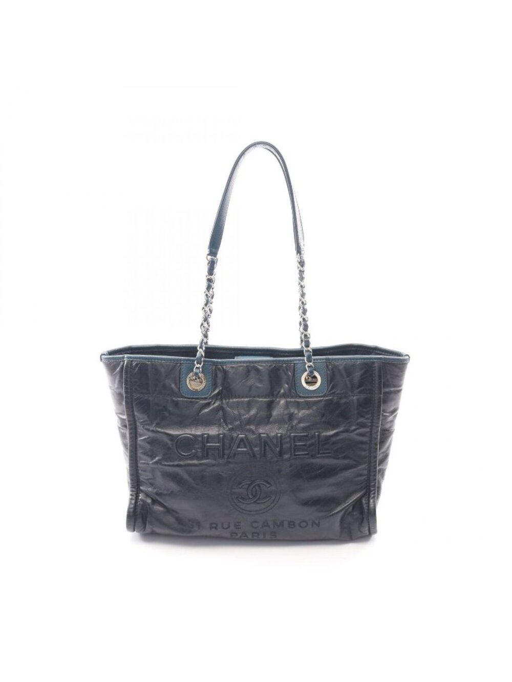 Chanel Tote Bag Deauville Dark Navy Leather Caviar Chain Shoulder Back